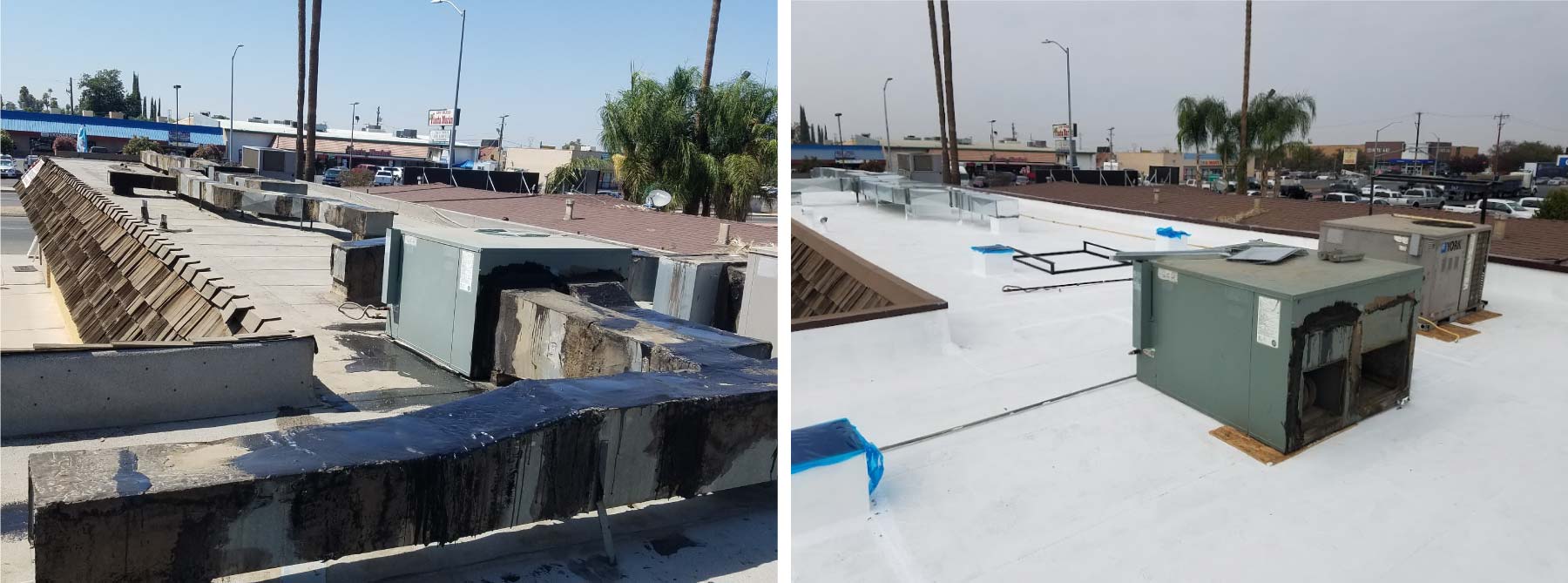 before and after image of a commercial roofing repair in bakersfield ca